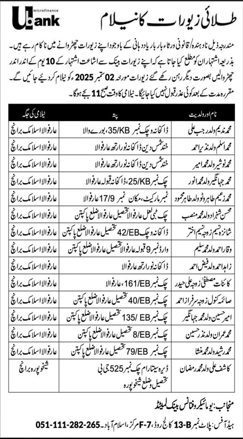 U Microfinance Bank Limited Tender Notice